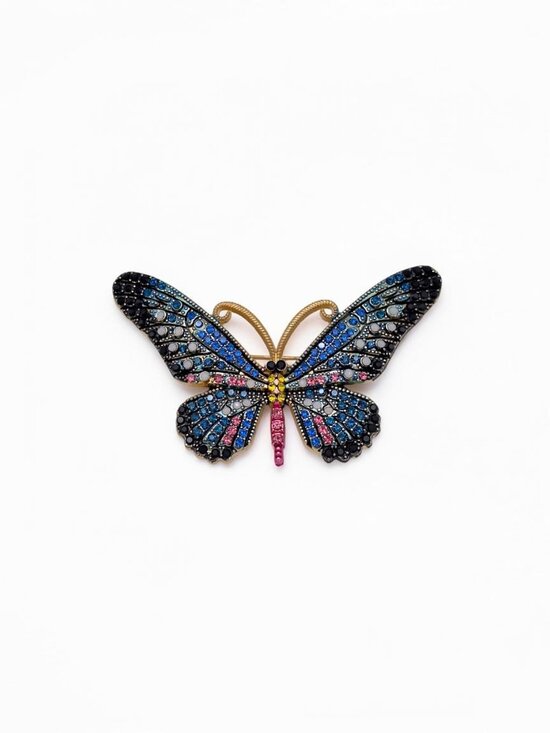 Jewelry - Vintage Gold Tone Blue Pink Rhinestone Swallowtail Butterfly Brooch Pin